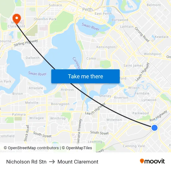 Nicholson Rd Stn to Mount Claremont map
