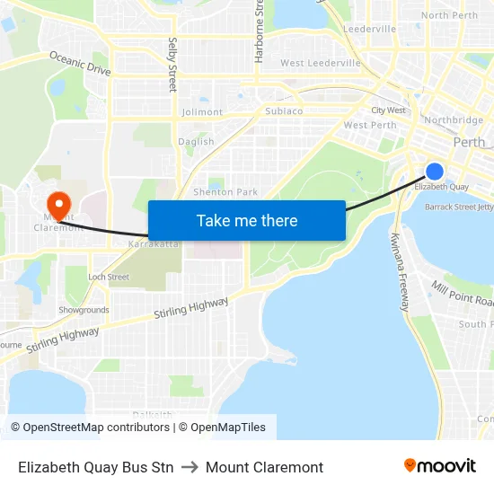 Elizabeth Quay Bus Stn to Mount Claremont map