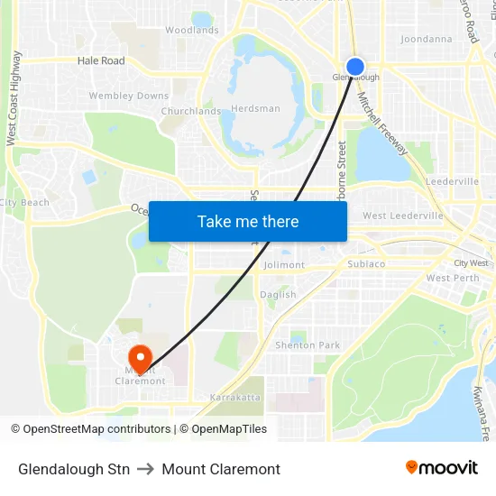 Glendalough Stn to Mount Claremont map