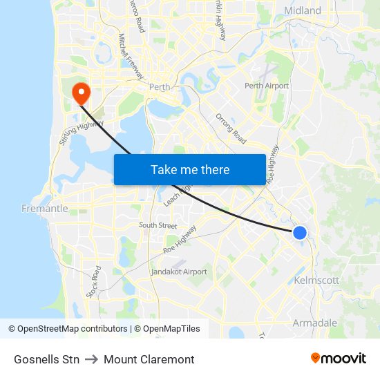 Gosnells Stn to Mount Claremont map