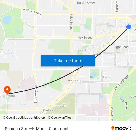 Subiaco Stn to Mount Claremont map