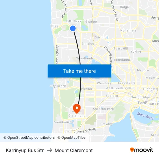 Karrinyup Bus Stn to Mount Claremont map