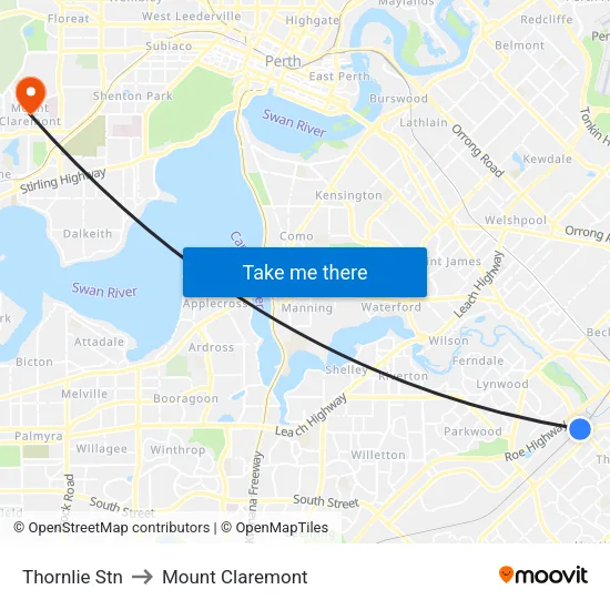 Thornlie Stn to Mount Claremont map