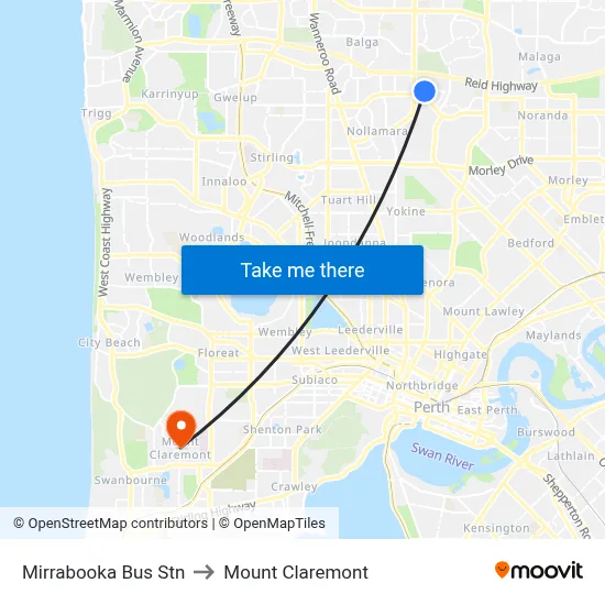 Mirrabooka Bus Stn to Mount Claremont map