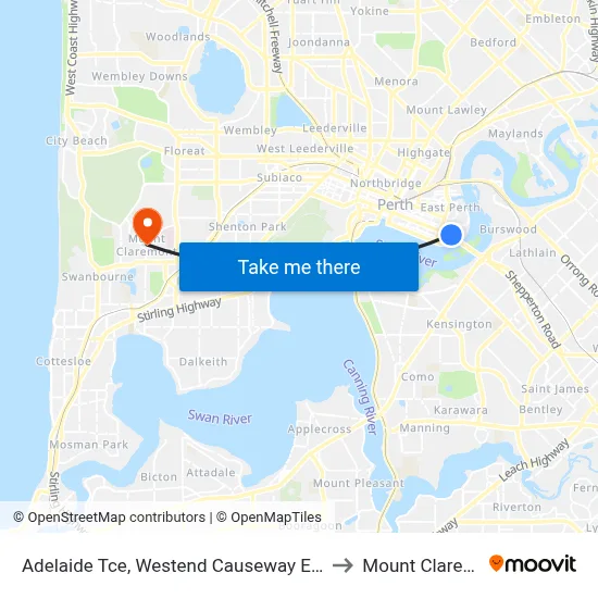 Adelaide Tce, Westend Causeway Eastbound to Mount Claremont map