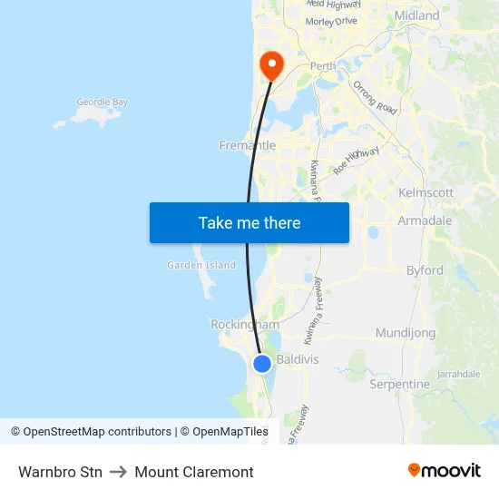 Warnbro Stn to Mount Claremont map