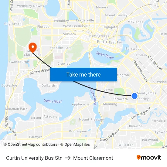 Curtin University Bus Stn to Mount Claremont map