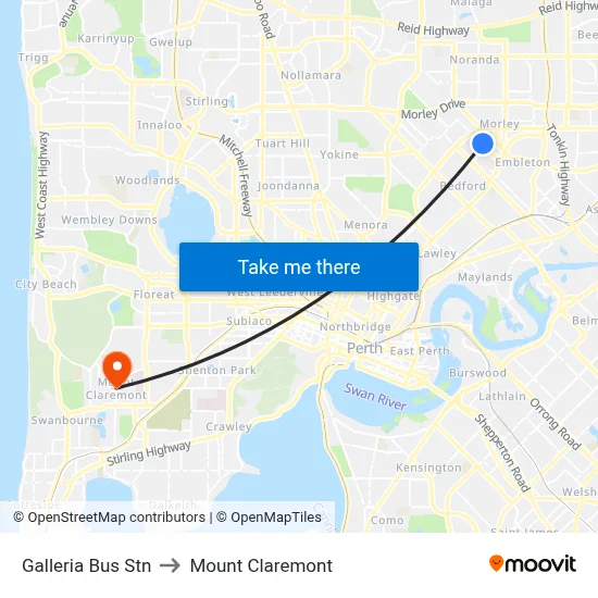Galleria Bus Stn to Mount Claremont map