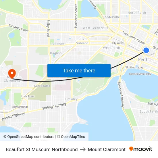 Beaufort St Museum Northbound to Mount Claremont map