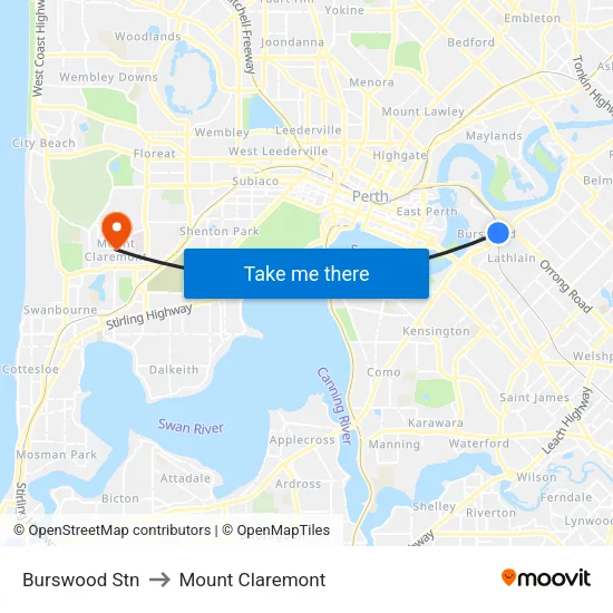 Burswood Stn to Mount Claremont map