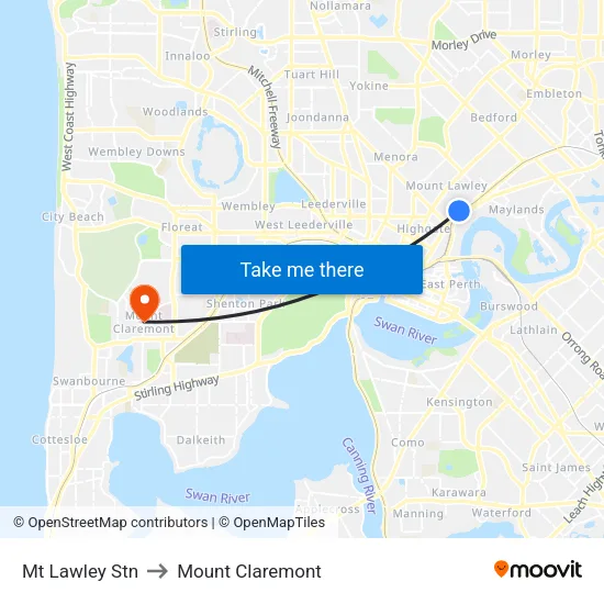 Mt Lawley Stn to Mount Claremont map