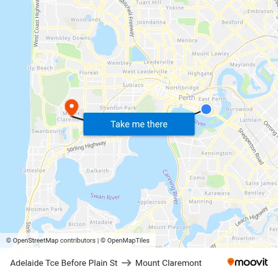 Adelaide Tce Before Plain St to Mount Claremont map