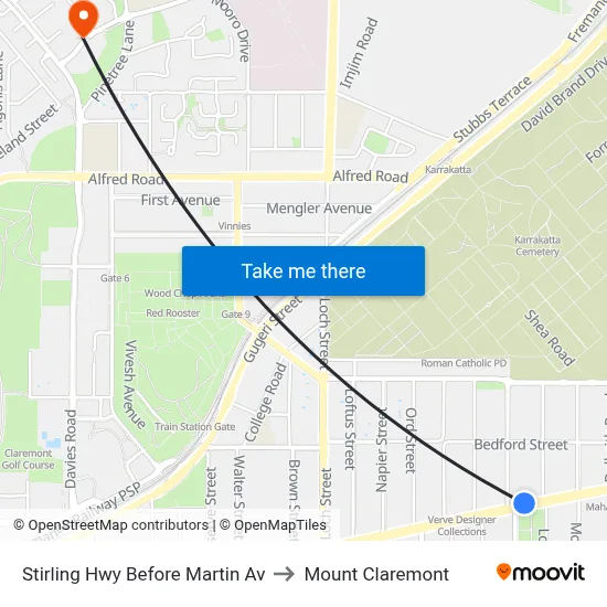Stirling Hwy Before Martin Av to Mount Claremont map