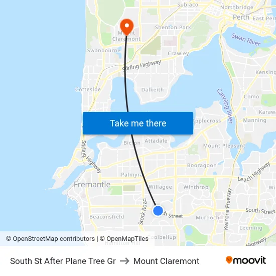 South St After Plane Tree Gr to Mount Claremont map