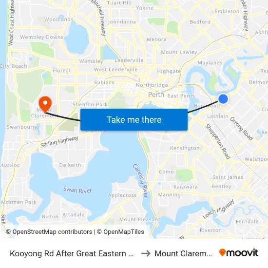 Kooyong Rd After Great Eastern Hwy to Mount Claremont map
