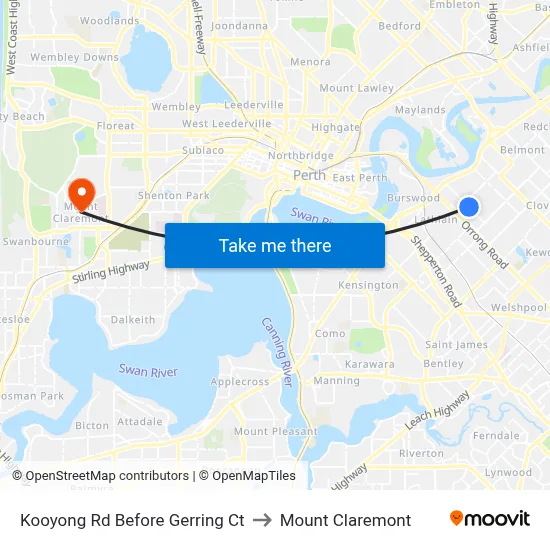 Kooyong Rd Before Gerring Ct to Mount Claremont map