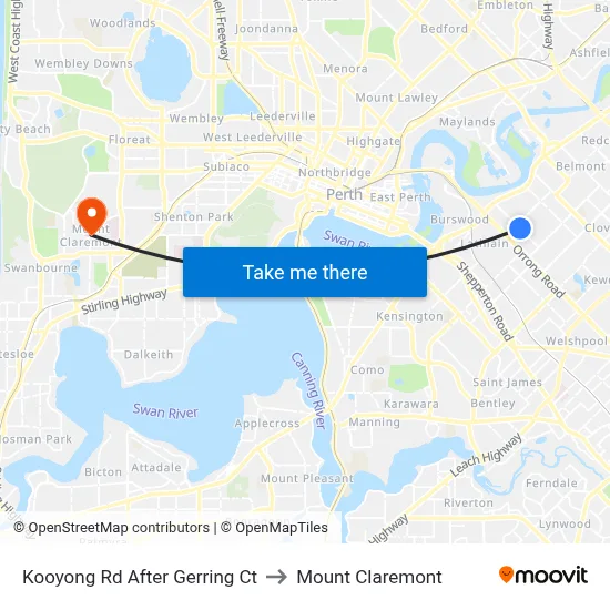 Kooyong Rd After Gerring Ct to Mount Claremont map
