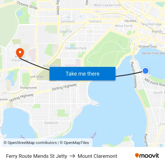 Ferry Route Mends St Jetty to Mount Claremont map