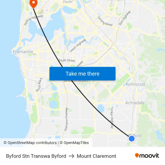 Byford Stn Transwa Byford to Mount Claremont map