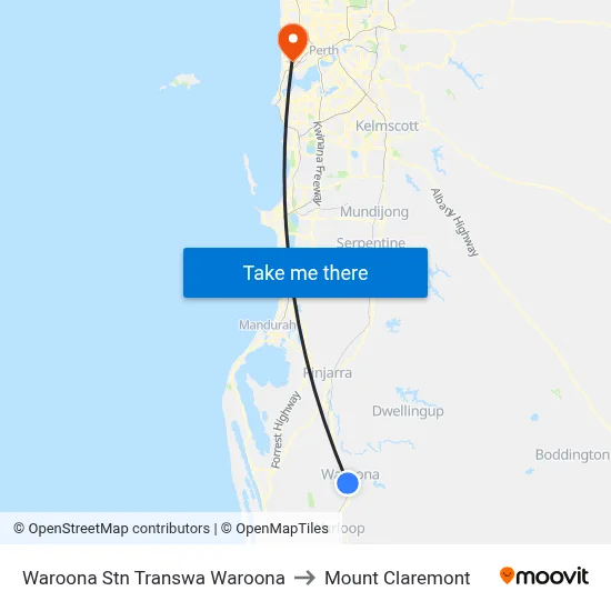 Waroona Stn Transwa Waroona to Mount Claremont map