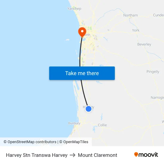 Harvey Stn Transwa Harvey to Mount Claremont map