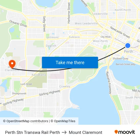 Perth Stn Transwa Rail Perth to Mount Claremont map