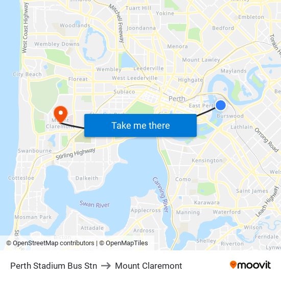 Perth Stadium Bus Stn to Mount Claremont map