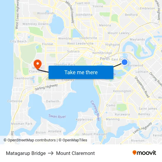 Matagarup Bridge to Mount Claremont map