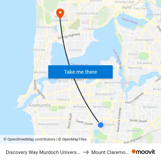 Discovery Way Murdoch University to Mount Claremont map