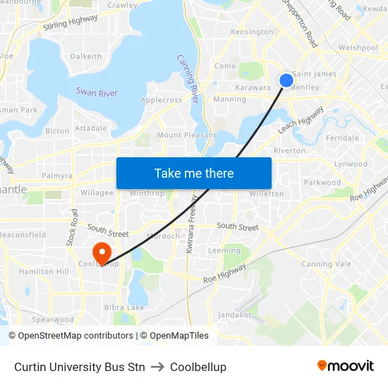 Curtin University Bus Stn to Coolbellup map