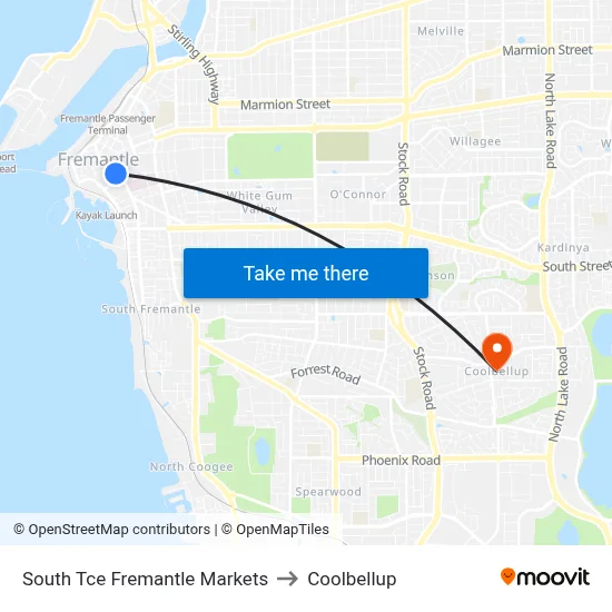 South Tce Fremantle Markets to Coolbellup map