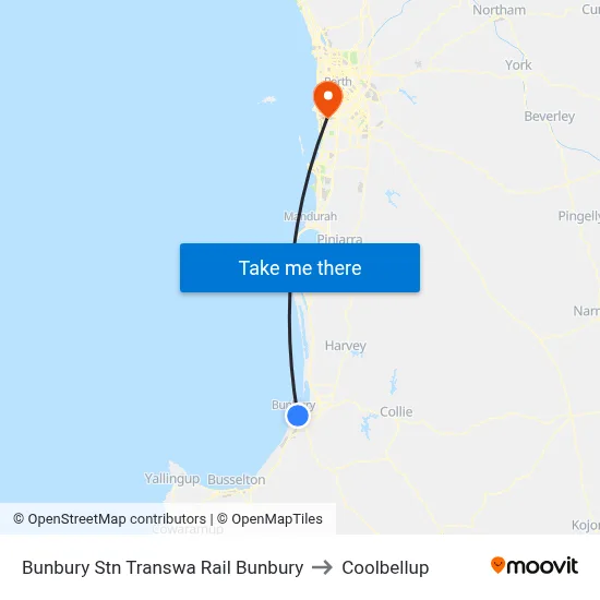 Bunbury Stn Transwa Rail Bunbury to Coolbellup map