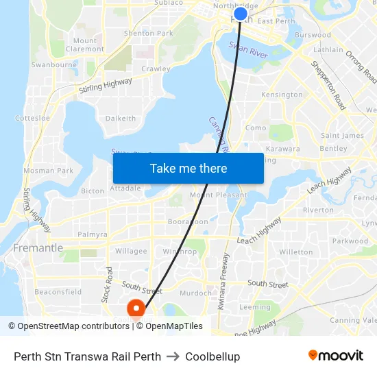 Perth Stn Transwa Rail Perth to Coolbellup map