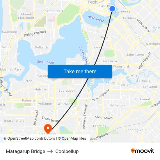 Matagarup Bridge to Coolbellup map