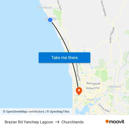 Brazier Rd Yanchep Lagoon to Churchlands map