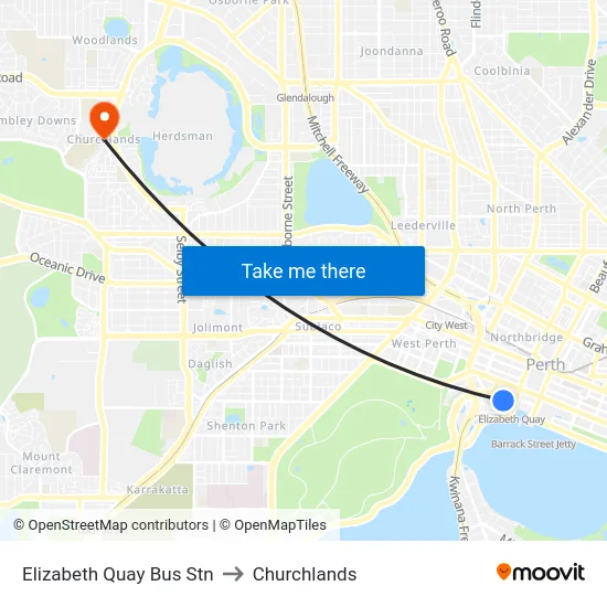 Elizabeth Quay Bus Stn to Churchlands map