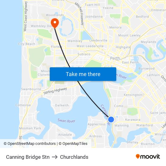 Canning Bridge Stn to Churchlands map