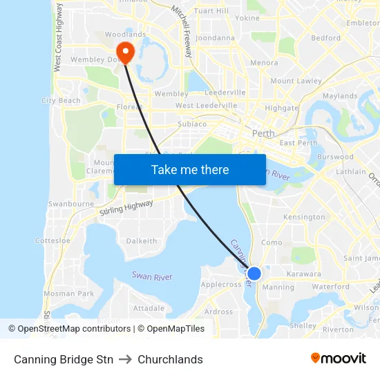 Canning Bridge Stn to Churchlands map