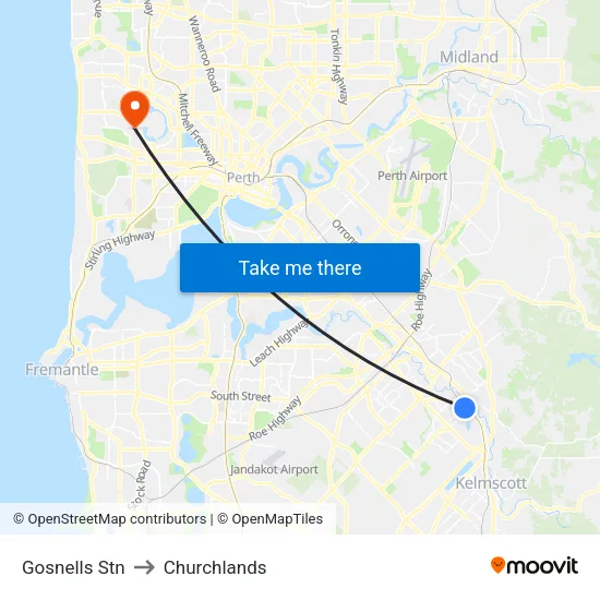 Gosnells Stn to Churchlands map