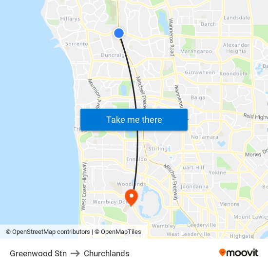 Greenwood Stn to Churchlands map
