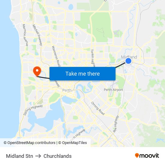 Midland Stn to Churchlands map