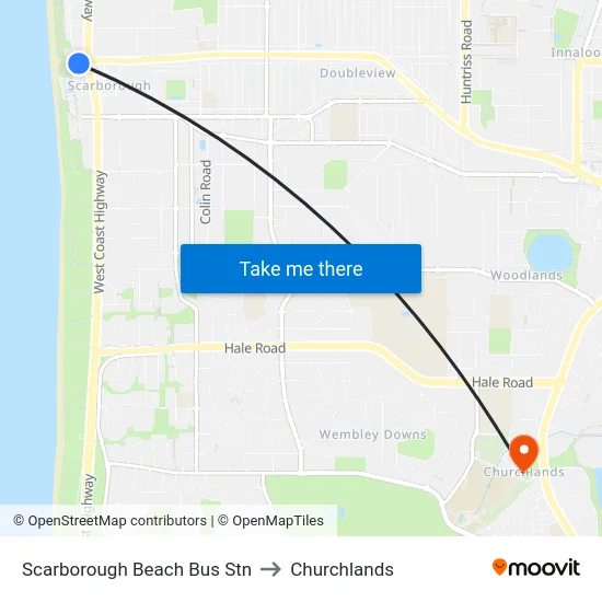 Scarborough Beach Bus Stn to Churchlands map