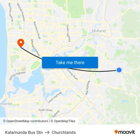 Kalamunda Bus Stn to Churchlands map