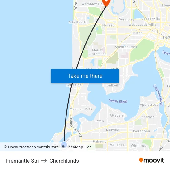 Fremantle Stn to Churchlands map