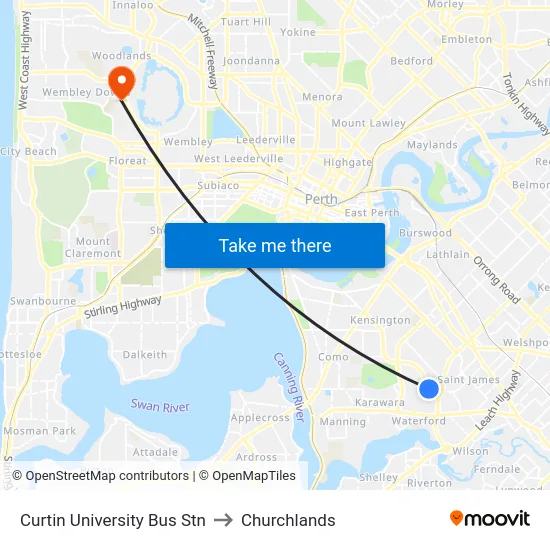 Curtin University Bus Stn to Churchlands map