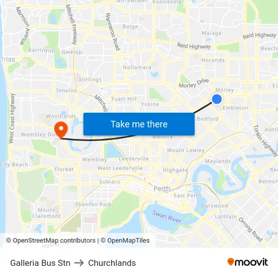 Galleria Bus Stn to Churchlands map