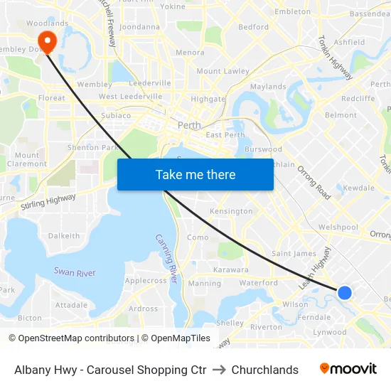 Albany Hwy - Carousel Shopping Ctr to Churchlands map