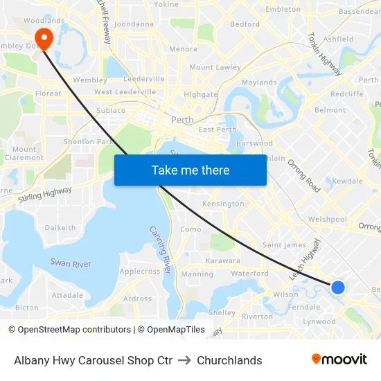 Albany Hwy Carousel Shop Ctr to Churchlands map