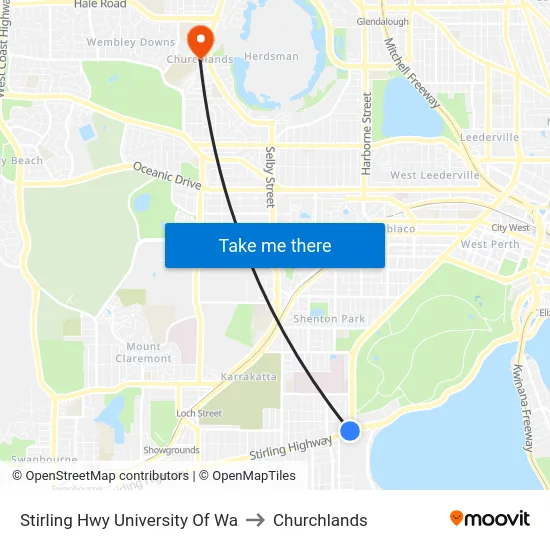 Stirling Hwy University Of Wa to Churchlands map