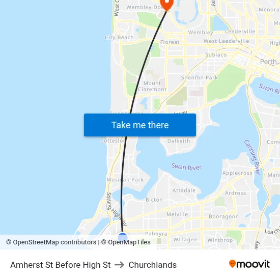 Amherst St Before High St to Churchlands map